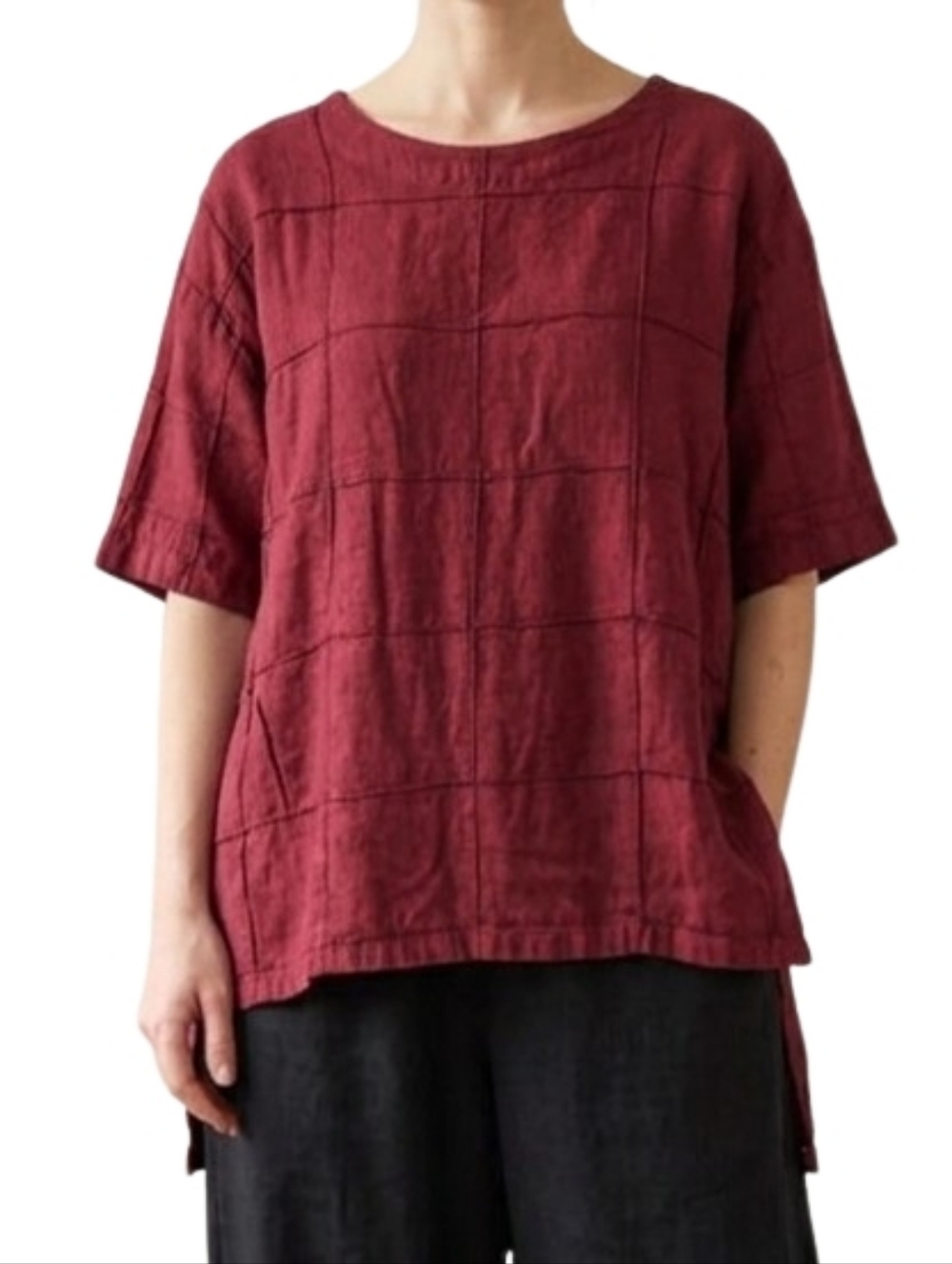 KALIYANA Linen Blend Patchwork High Low Tunic Top